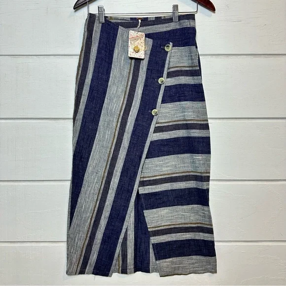 Free People NWT Blue Striped Asymmetrical Wrap Big Sur Midi Skirt Sz 2 - Picture 2 of 12